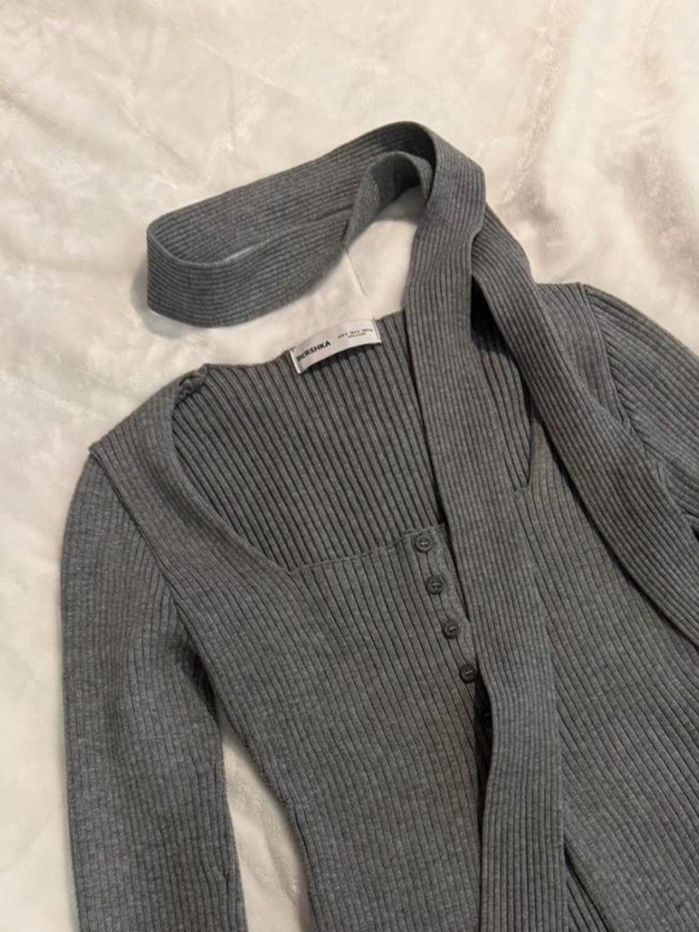 Bershka Gray Ribbed V-Neck Button-Front Sweater with Scarf
